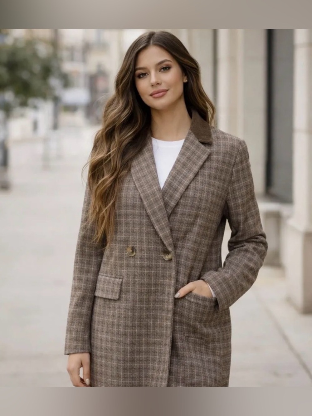 Hem & Thread Women's Brown Plaid Double-Breasted Trench Coat